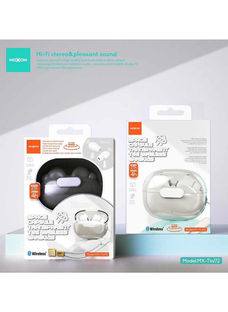 Moxom MX-TW72 Space Capsule Transparent TWS Wireless Earbuds with Extra Bass – High-Quality Sound and Sleek Design