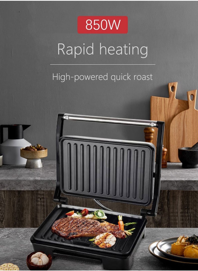 Non-Stick Grill, Panini/Sandwich Grill, Steak Machine, 850 Watts, for Grilled Meat, Sausages, Hamburgers, Bread Sandwich SK-223 Black