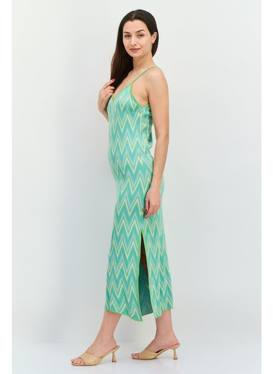 Women Allover Print Casual Midi Dress, Green/White Combo