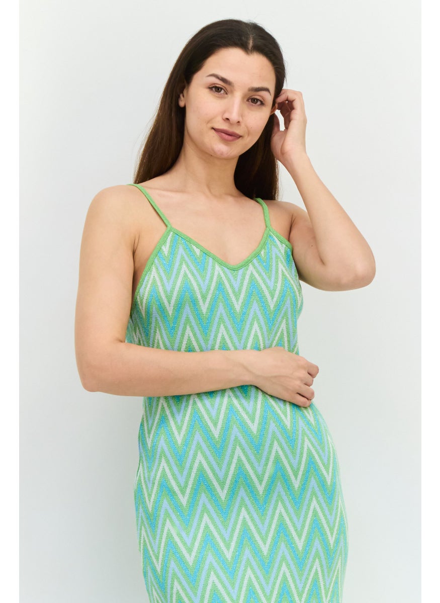 Women Allover Print Casual Midi Dress, Green/White Combo