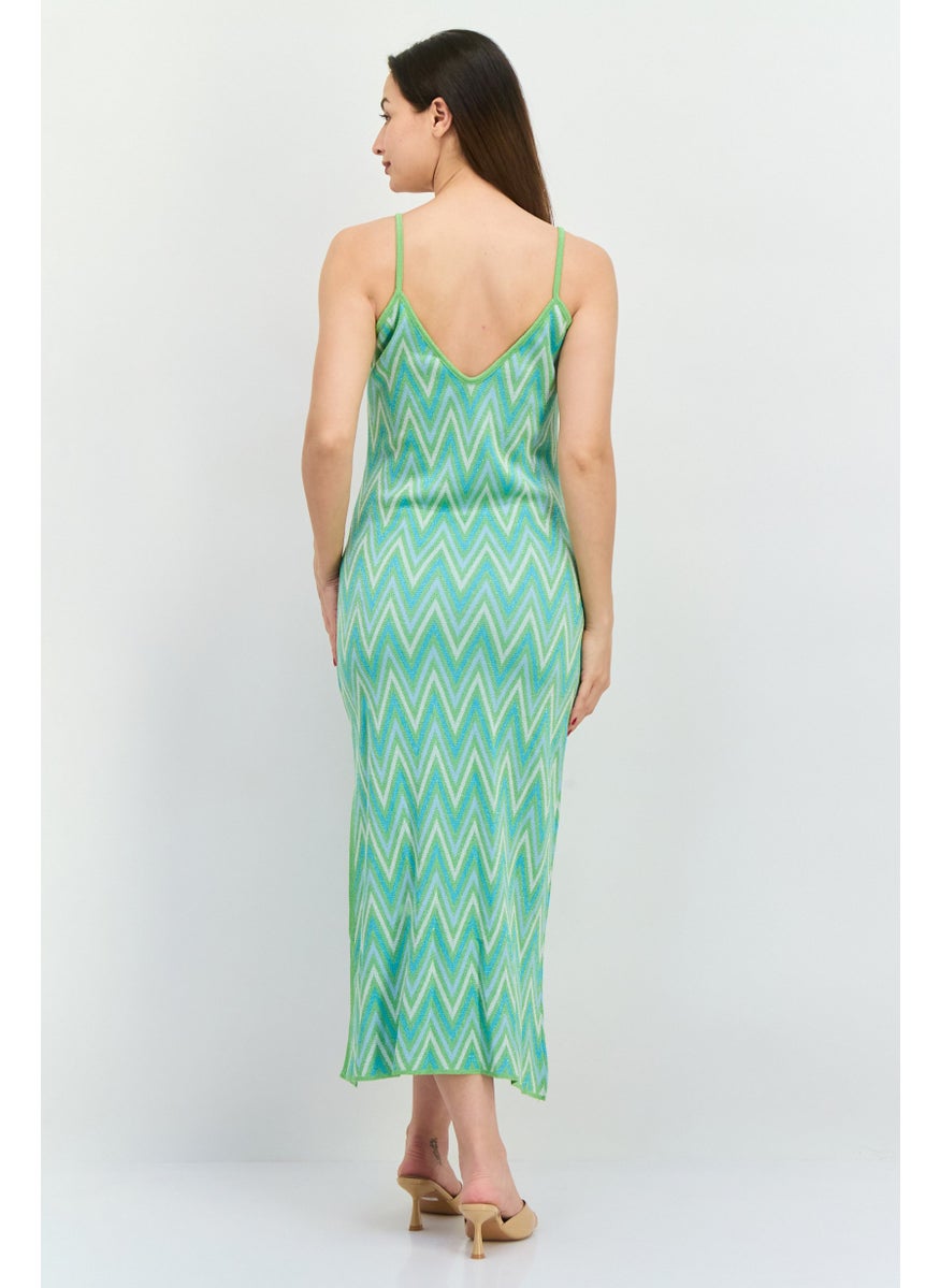 Women Allover Print Casual Midi Dress, Green/White Combo