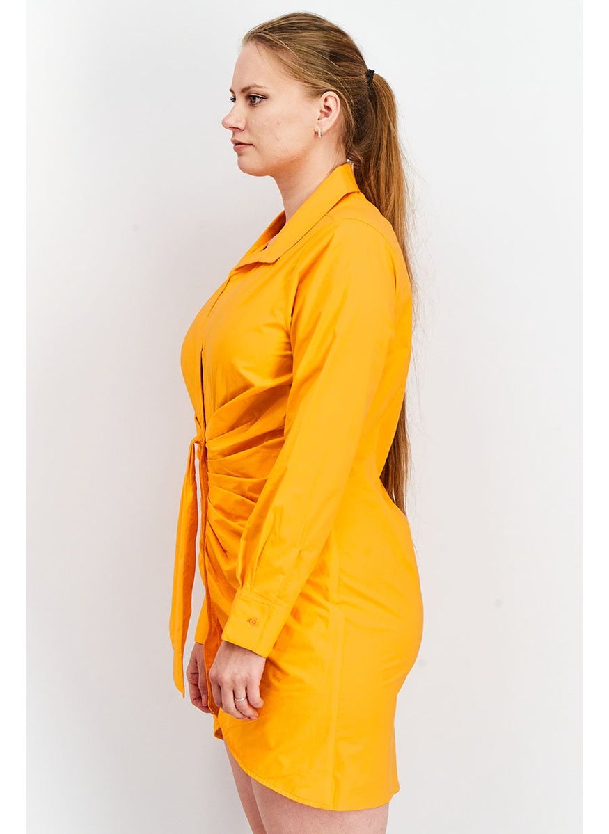 Women Long Sleeve Rouched Shirt Dress, Neon Orange