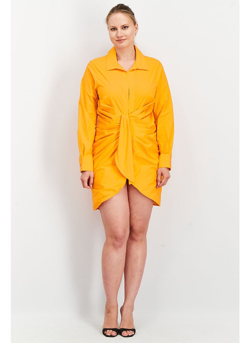 Women Long Sleeve Rouched Shirt Dress, Neon Orange