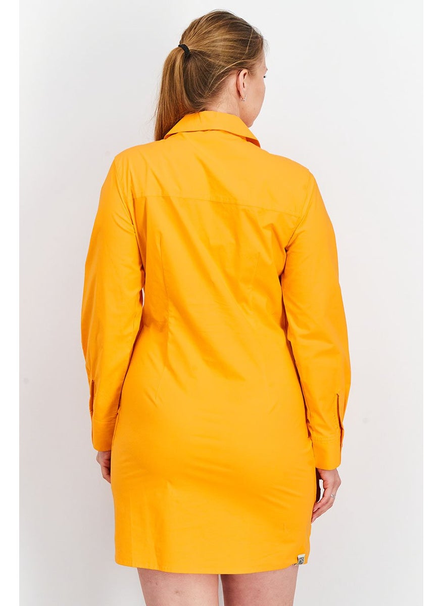 Women Long Sleeve Rouched Shirt Dress, Neon Orange