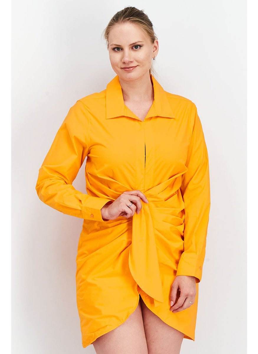 Women Long Sleeve Rouched Shirt Dress, Neon Orange