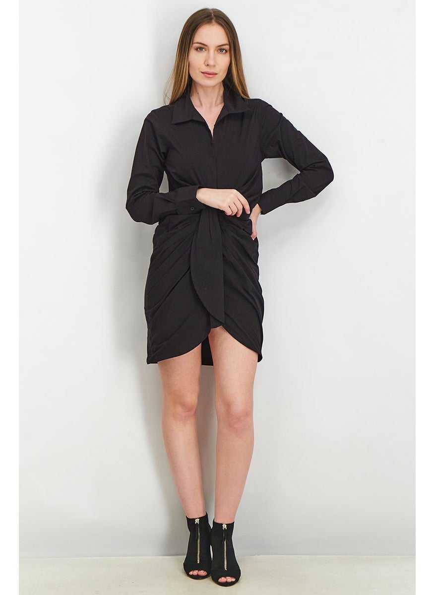 Women Long Sleeve Rouched Shirt Dress, True Black