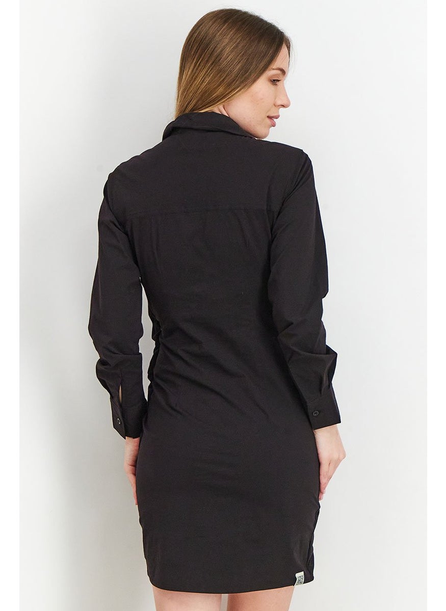 Women Long Sleeve Rouched Shirt Dress, True Black