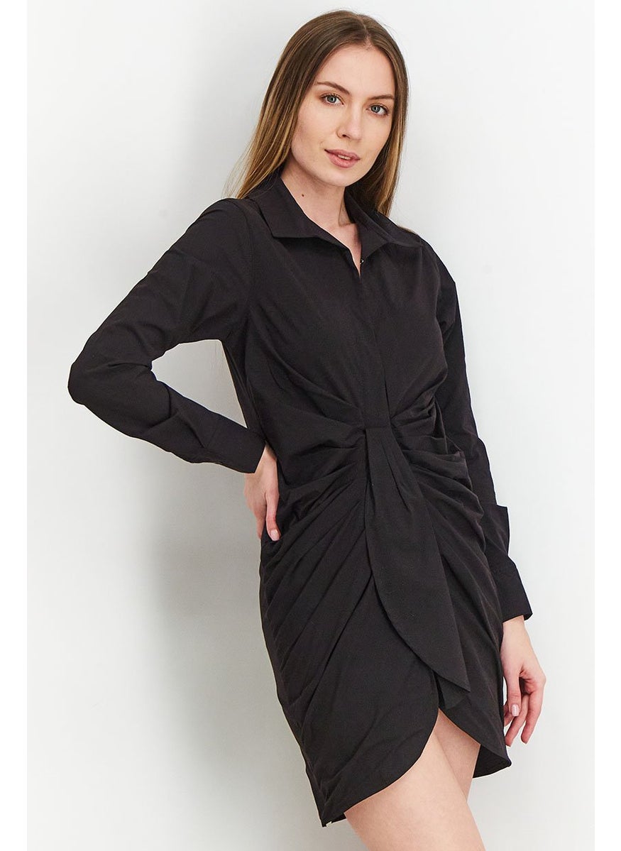 Women Long Sleeve Rouched Shirt Dress, True Black