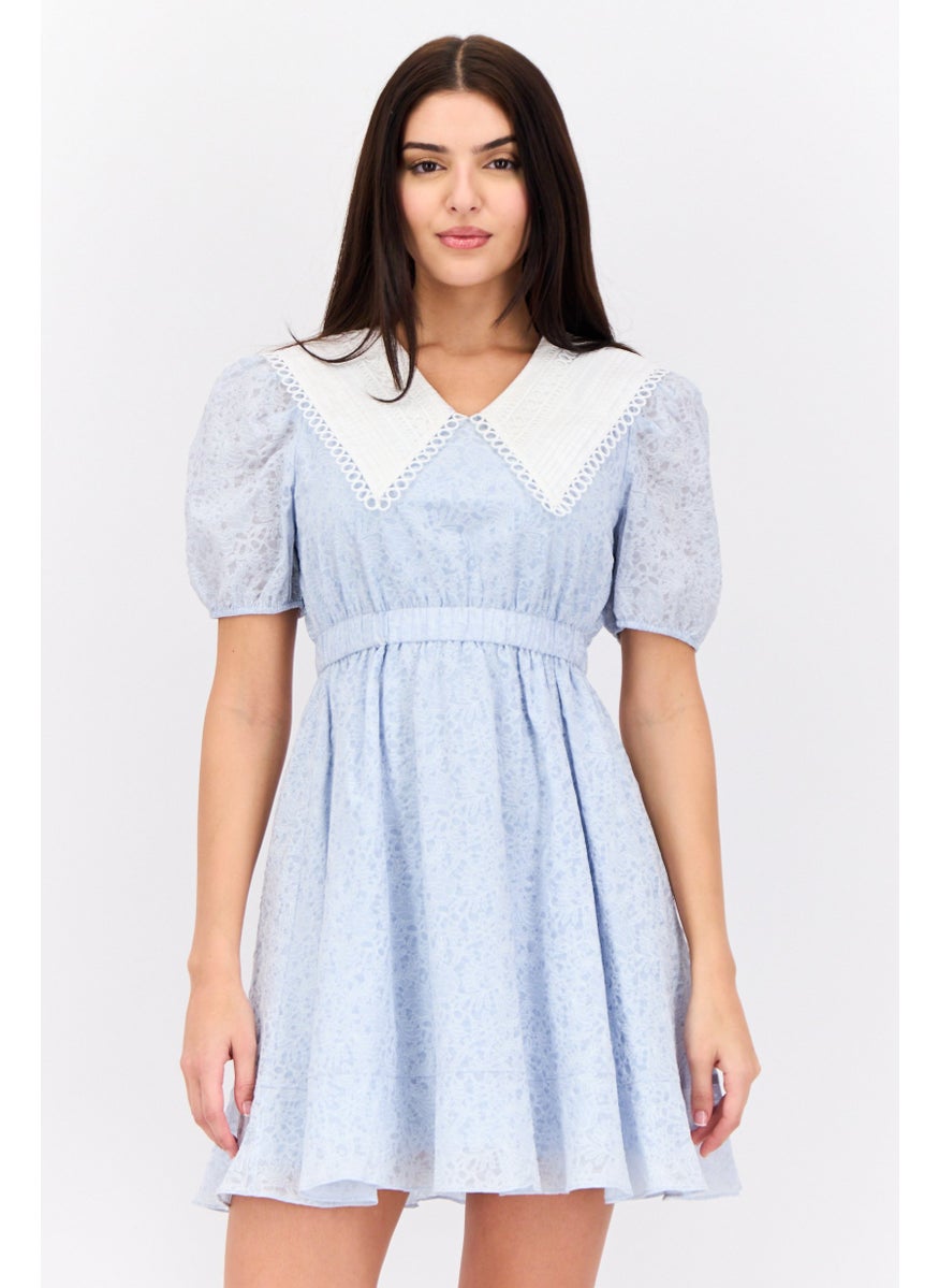 Women Embrodiered Mini Dress, Light Blue