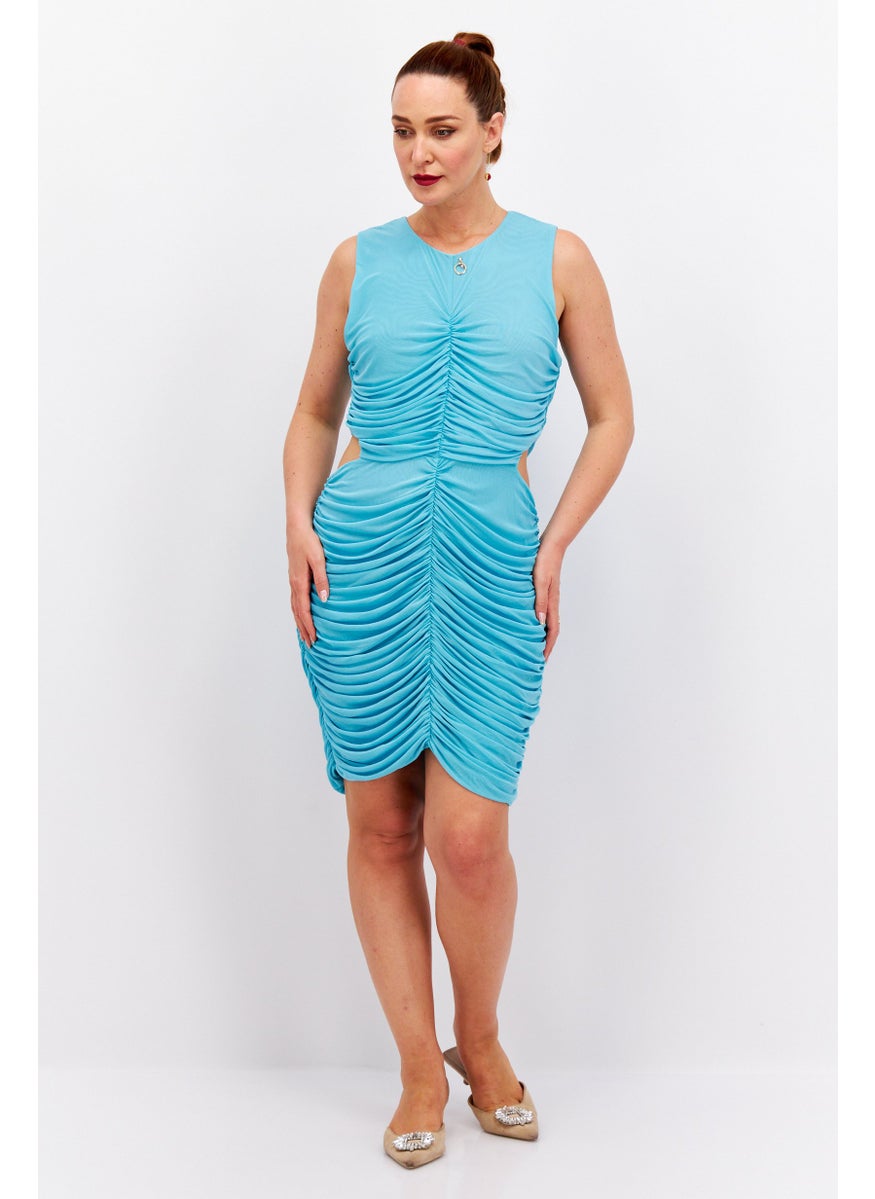 Women Sleeveless Ruched Mini Dress, Turquoise