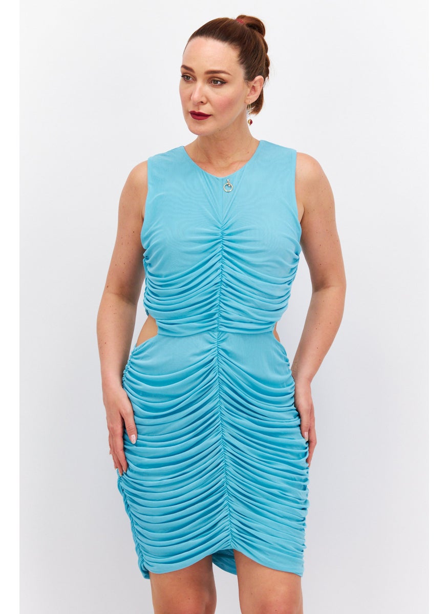 Women Sleeveless Ruched Mini Dress, Turquoise