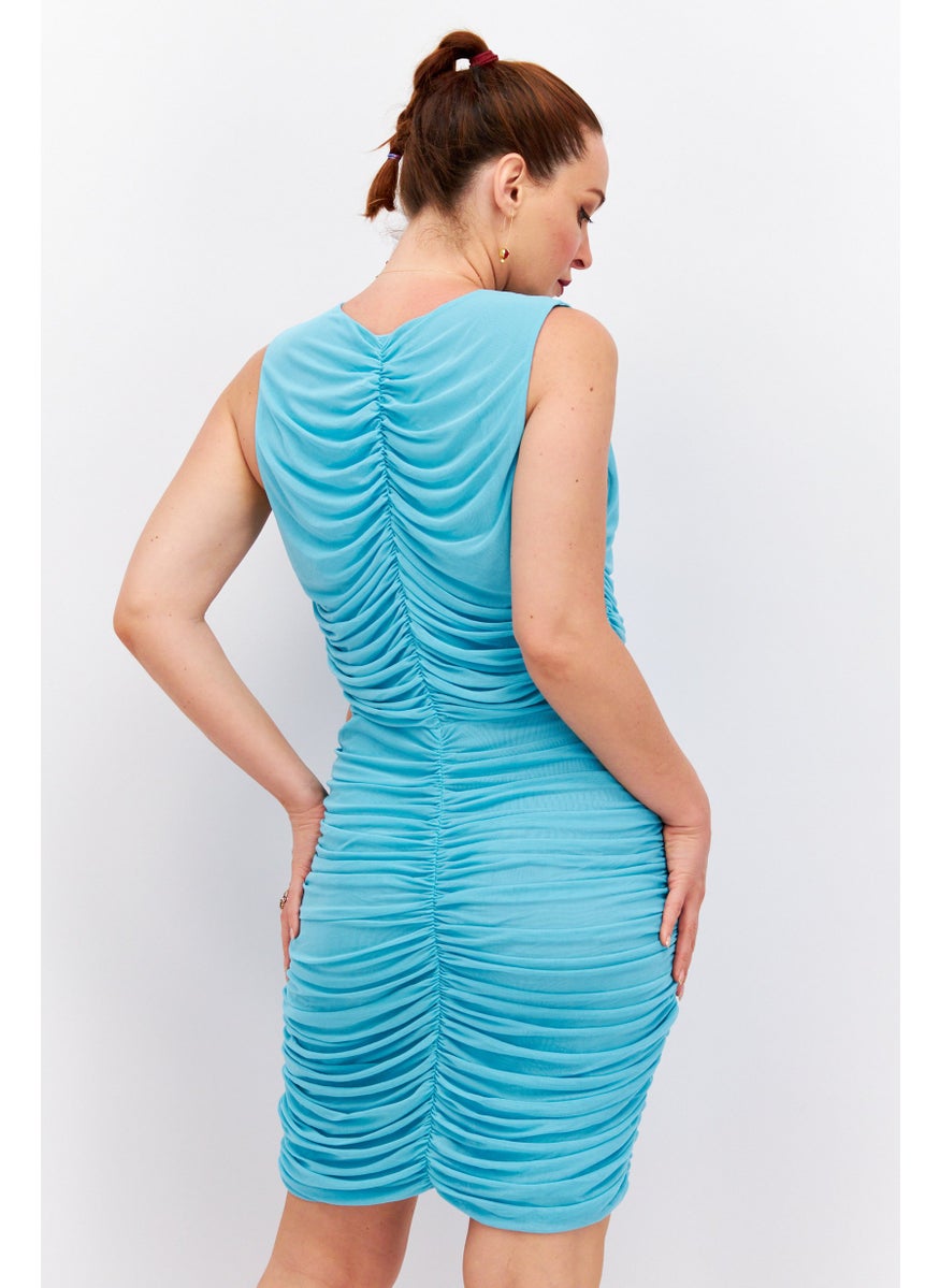Women Sleeveless Ruched Mini Dress, Turquoise