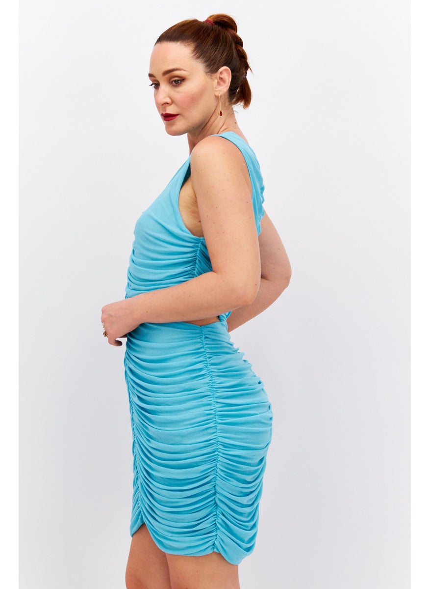 Women Sleeveless Ruched Mini Dress, Turquoise