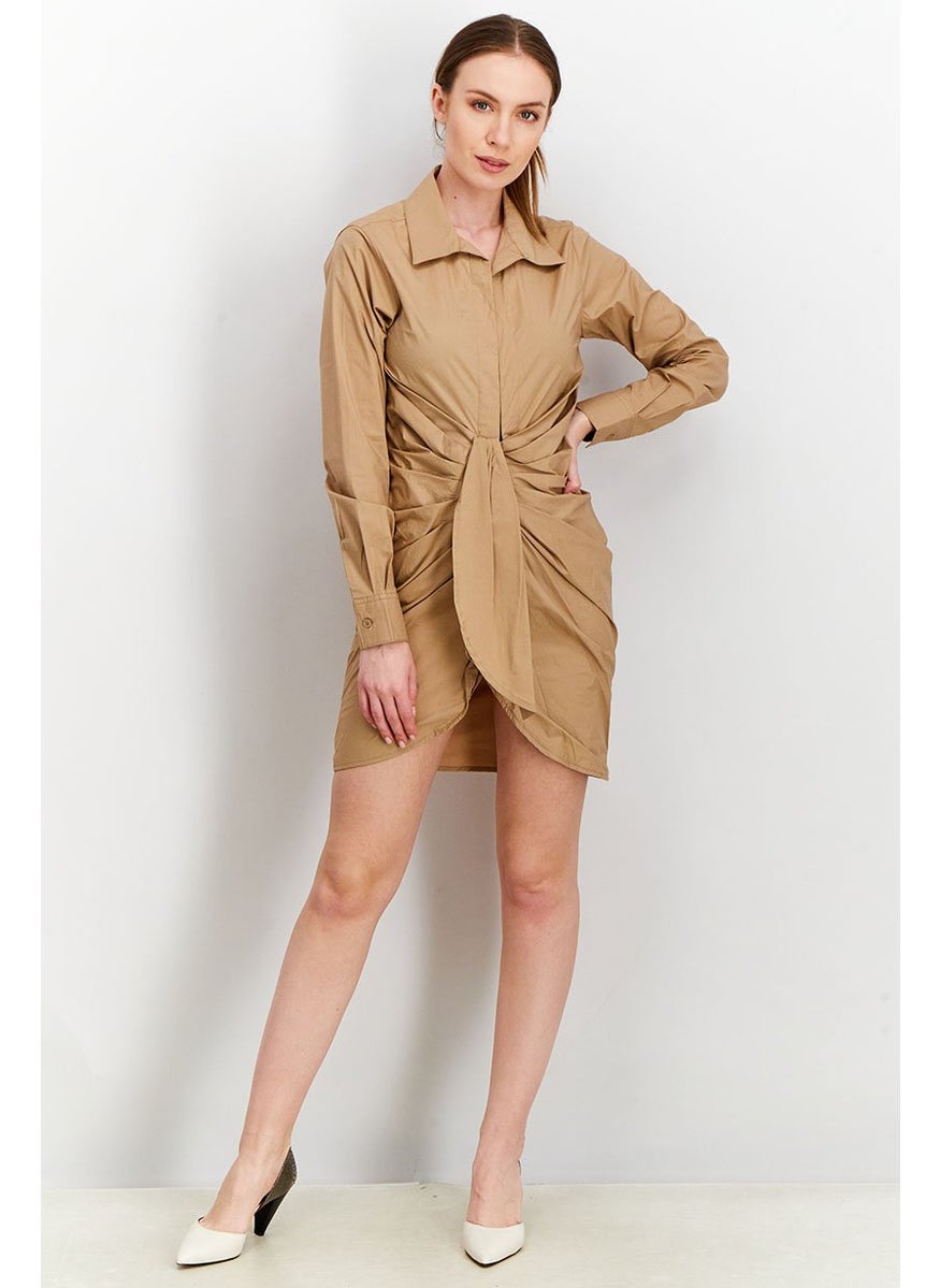 Women Long Sleeve Rouched Shirt Dress, Beige