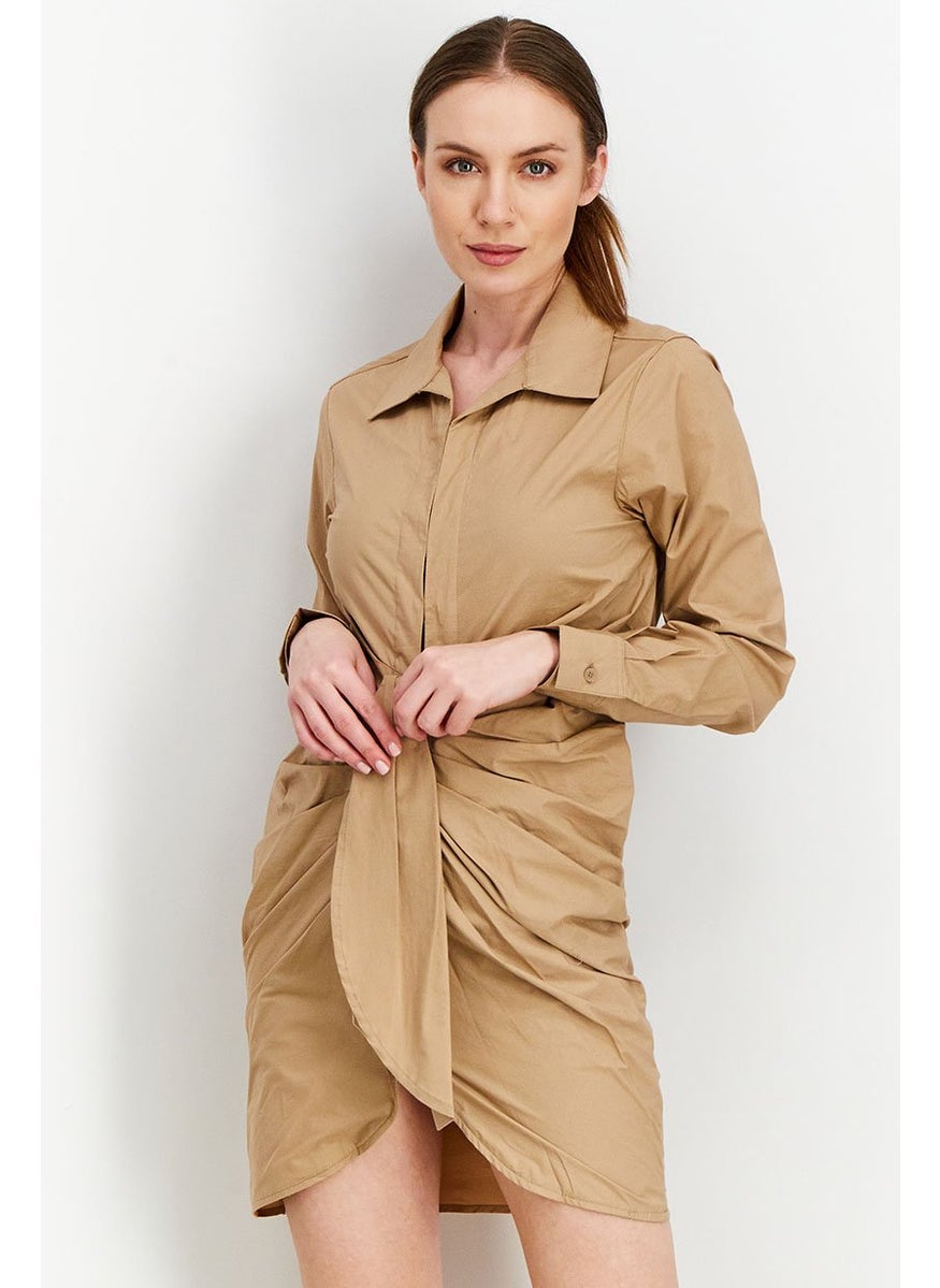 Women Long Sleeve Rouched Shirt Dress, Beige
