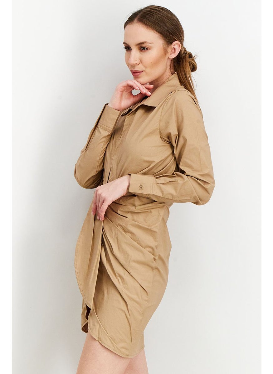 Women Long Sleeve Rouched Shirt Dress, Beige