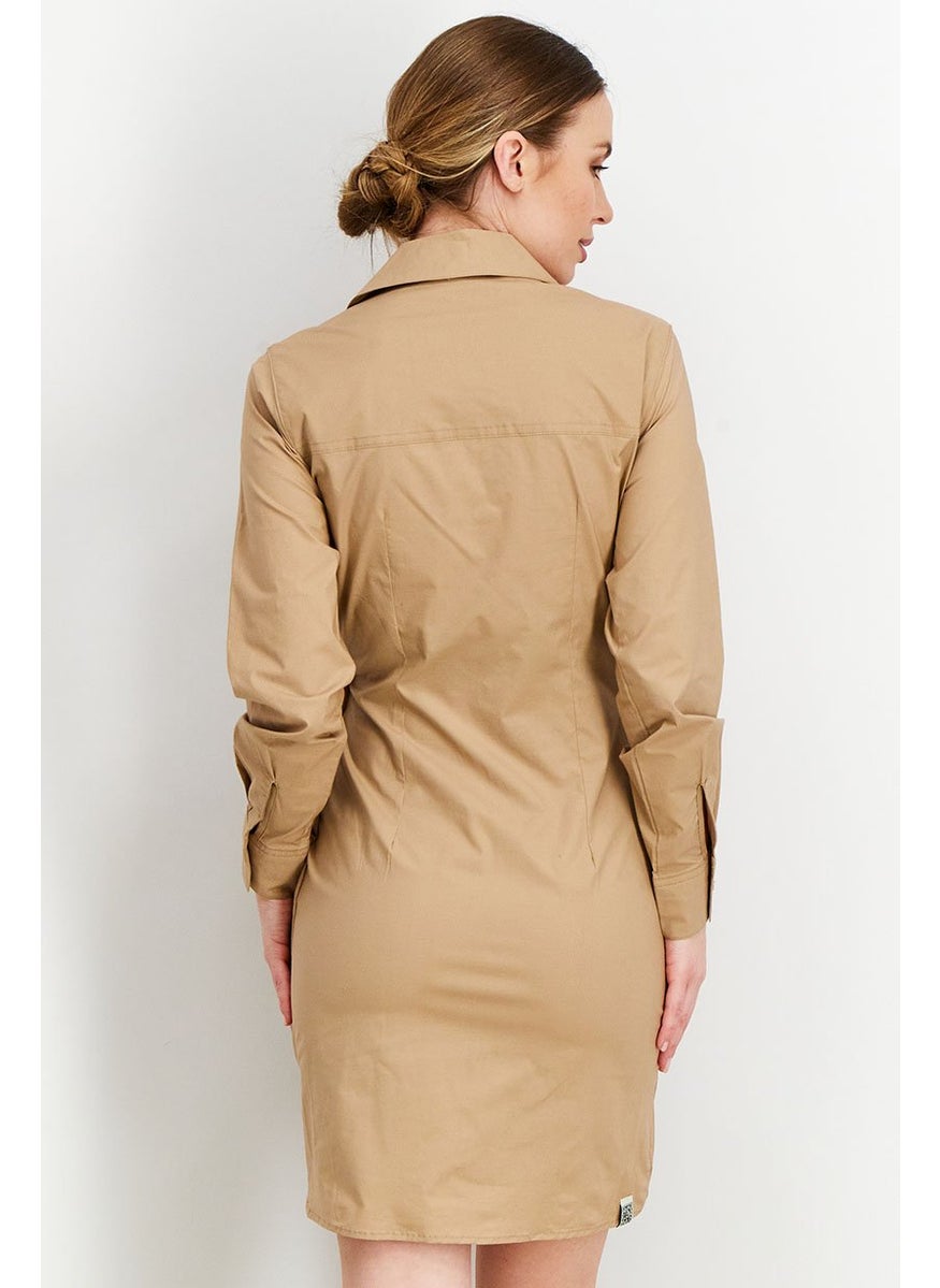 Women Long Sleeve Rouched Shirt Dress, Beige