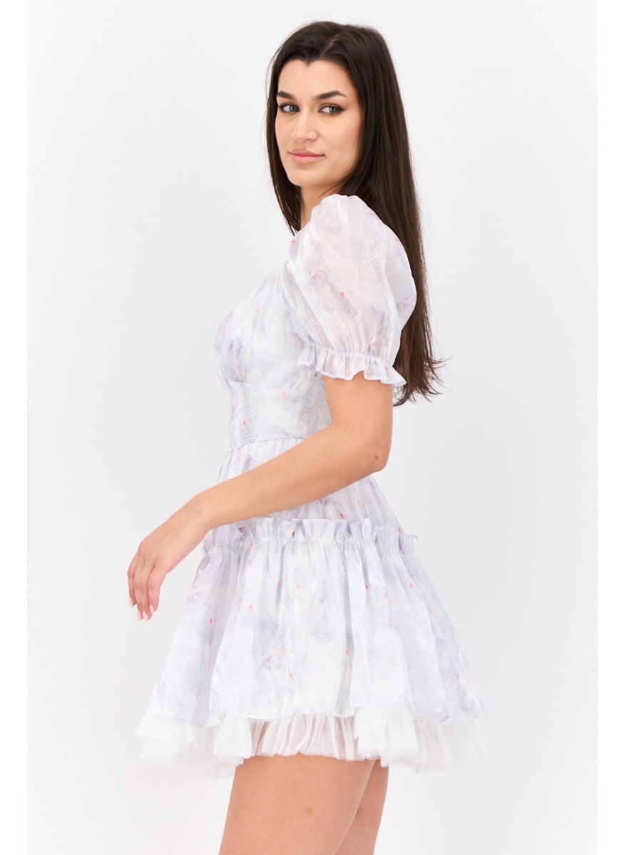 Women Floral Print Flounce Dress, Lilac