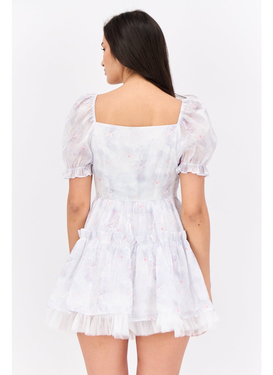 Women Floral Print Flounce Dress, Lilac
