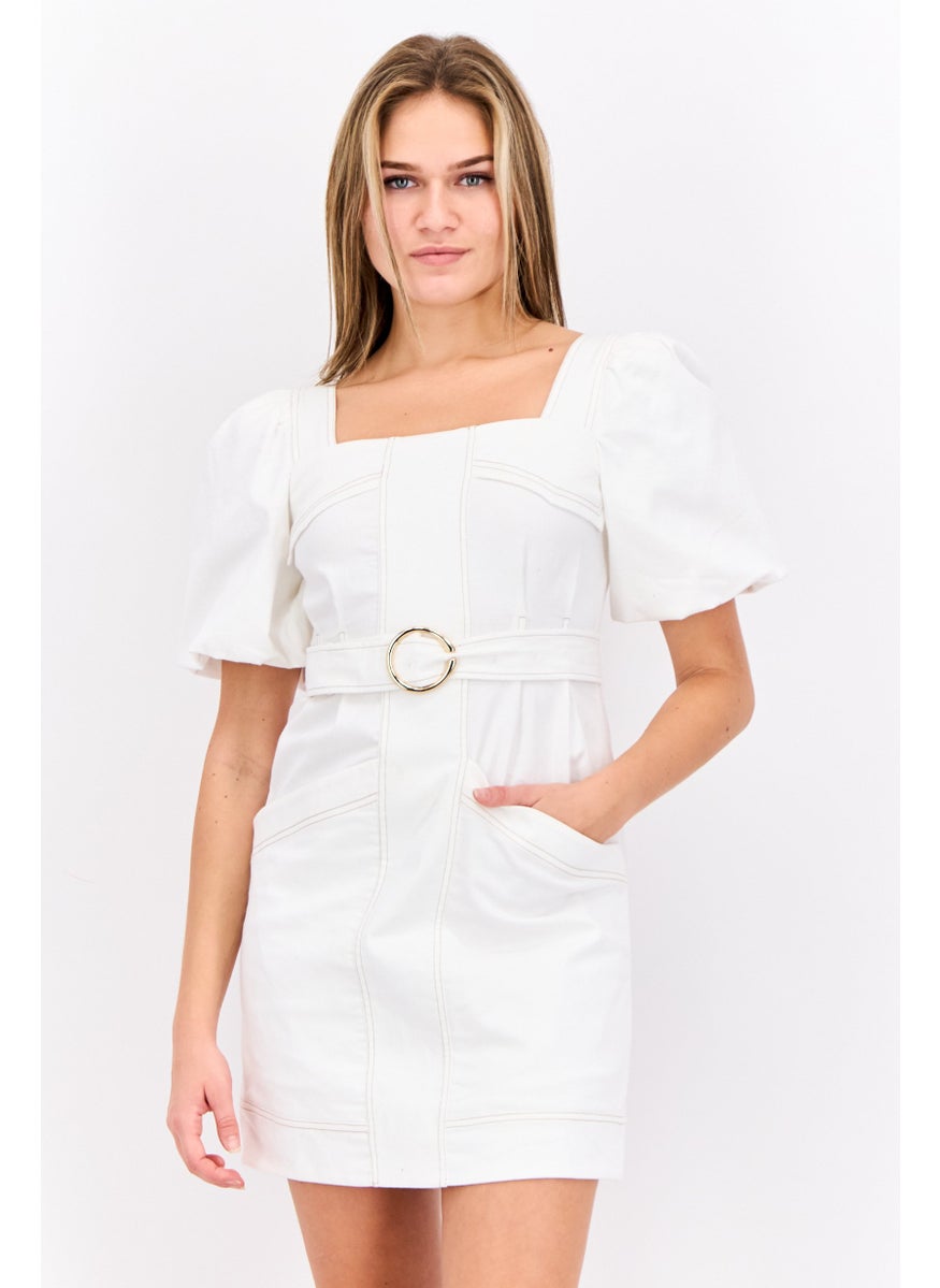 Women Solid Belted Mini Dress, White