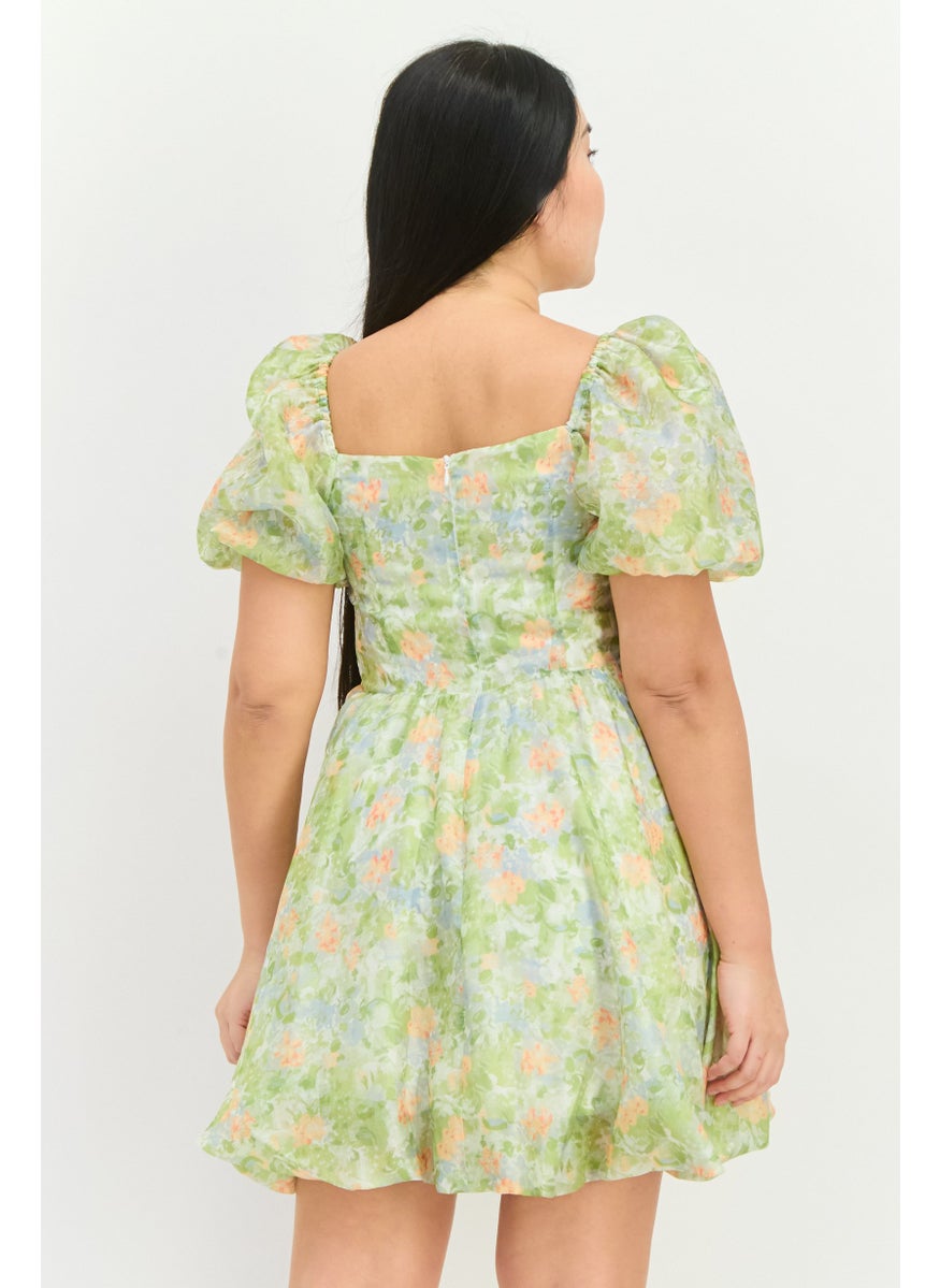 Women All Over Print Mini Dress, Green Combo