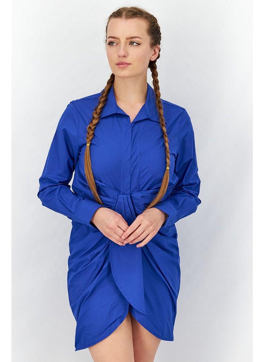 Women Long Sleeve Rouched Shirt Dress, Moroccan Blue