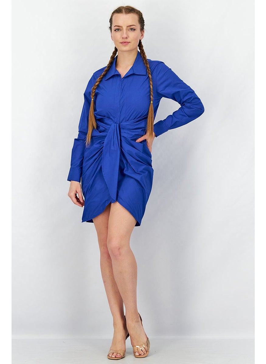 Women Long Sleeve Rouched Shirt Dress, Moroccan Blue
