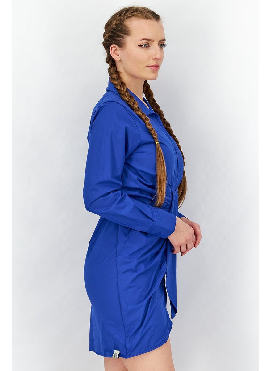 Women Long Sleeve Rouched Shirt Dress, Moroccan Blue