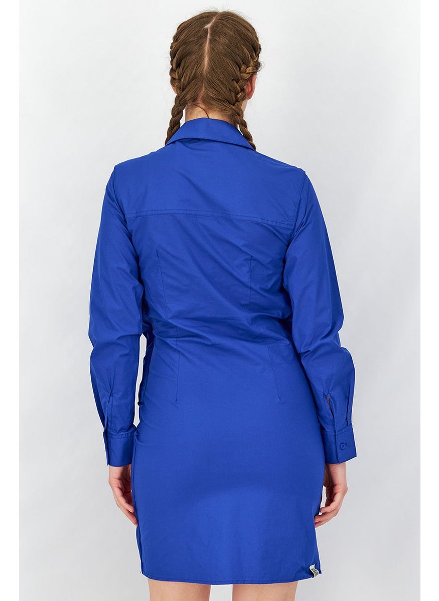 Women Long Sleeve Rouched Shirt Dress, Moroccan Blue