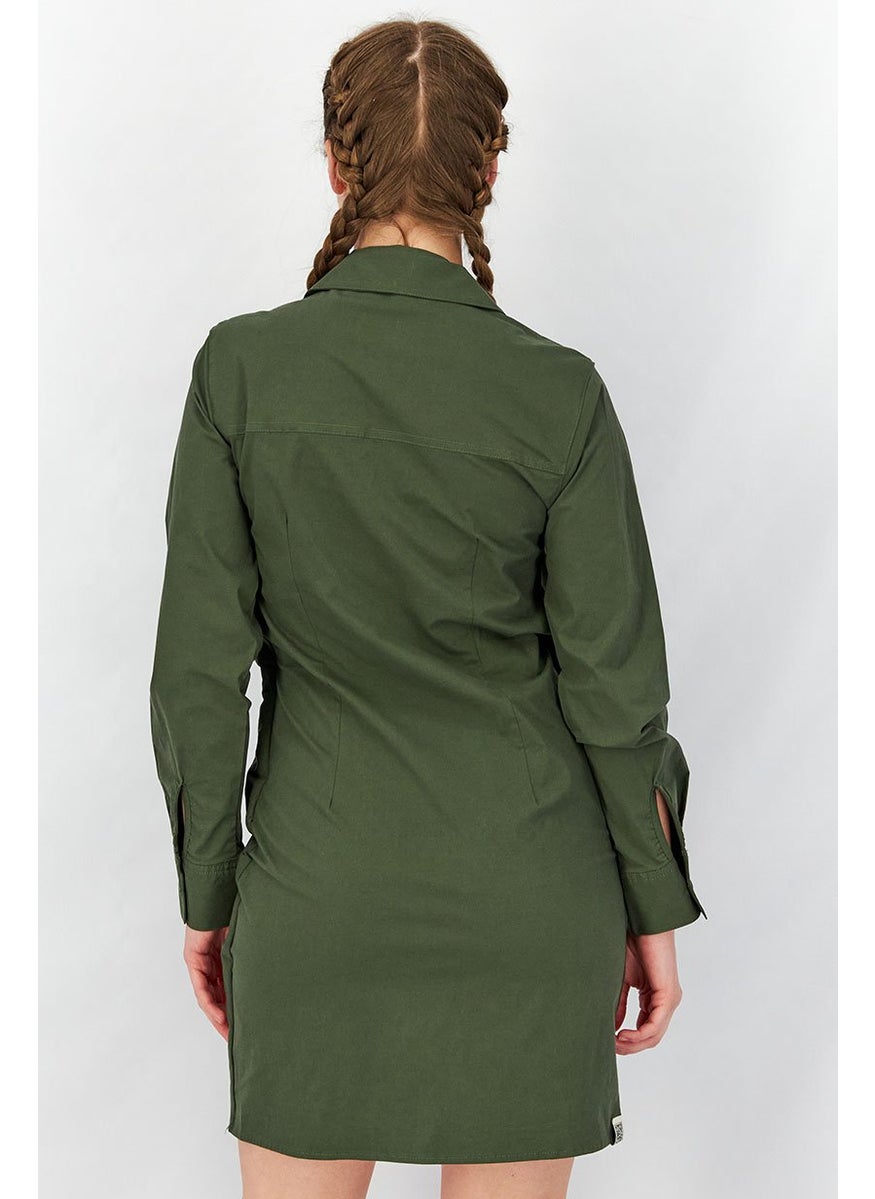 Women Long Sleeve Rouched Shirt Dress, Khaki