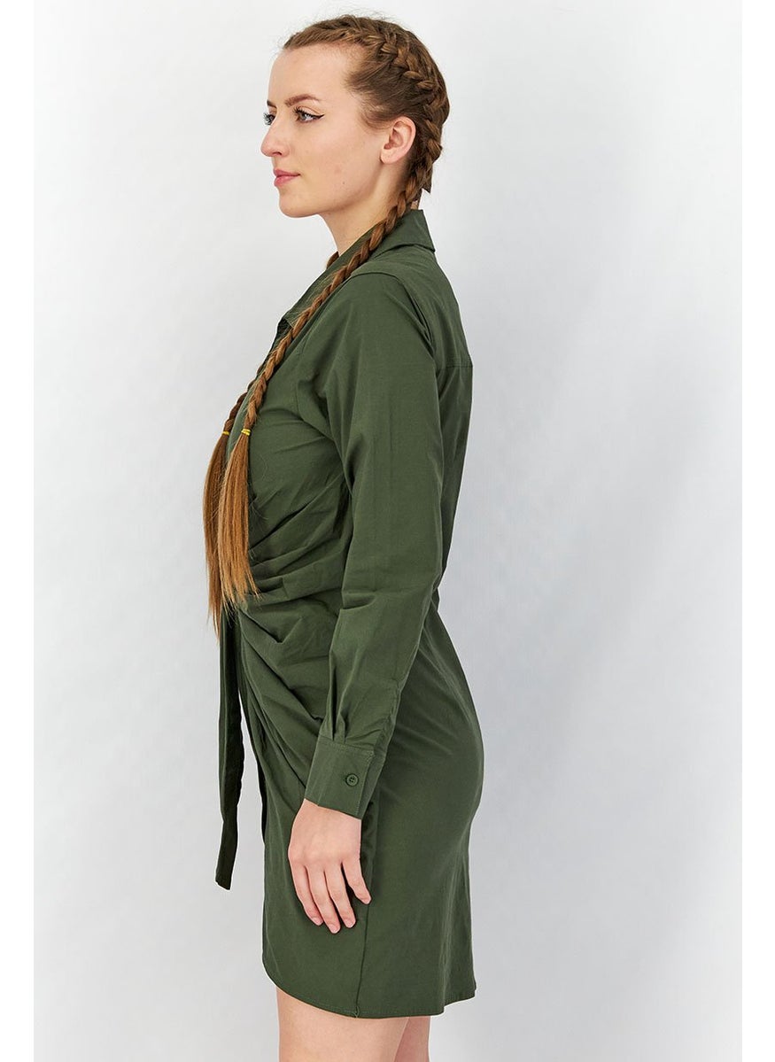 Women Long Sleeve Rouched Shirt Dress, Khaki