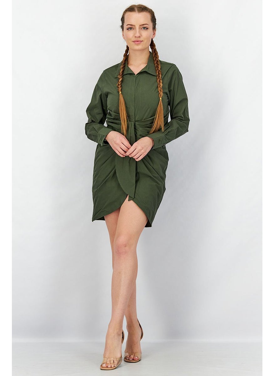 Women Long Sleeve Rouched Shirt Dress, Khaki