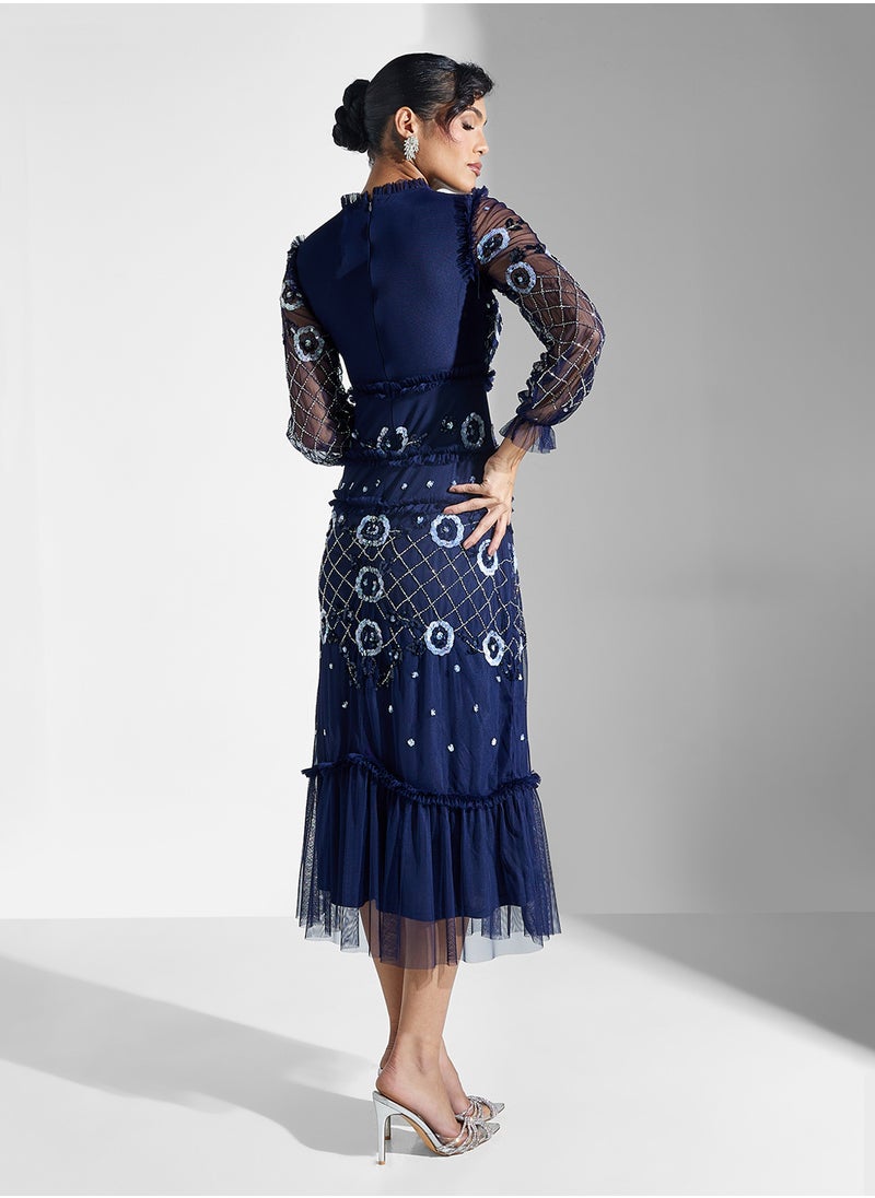 Embroidered Ruffle Hem Dress