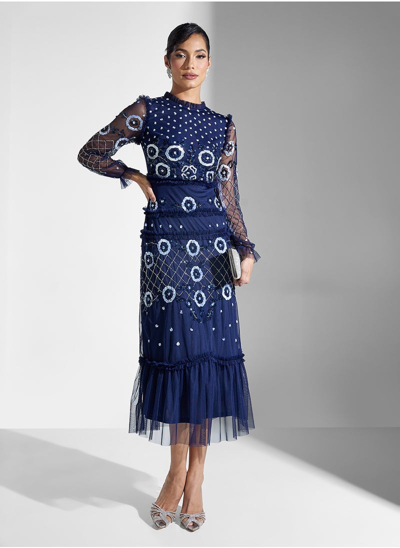 Embroidered Ruffle Hem Dress