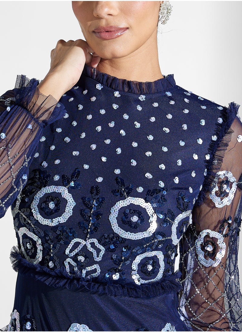 Embroidered Ruffle Hem Dress
