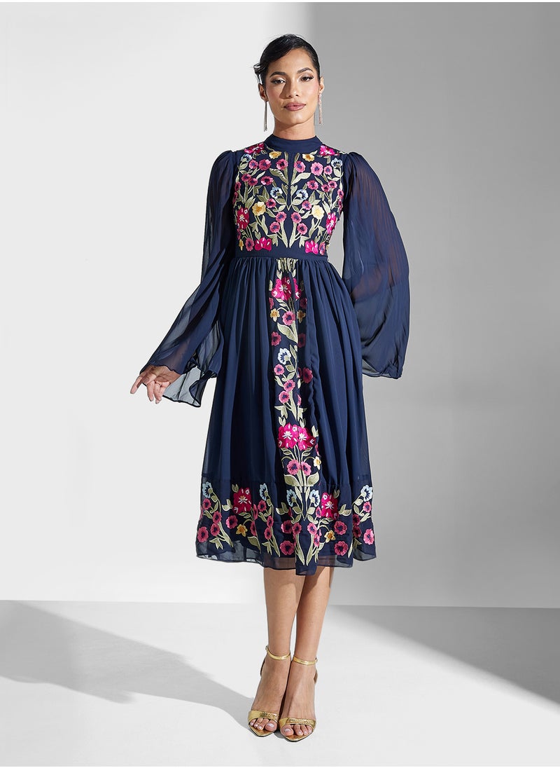 Orinted Flared Sleeve Dress