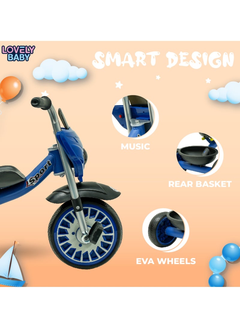 Lovely Baby Elgo Smart Tricycle for Kids LB 2288 – Lights, Music, Rear Basket, EVA Wheels, Safety Seatbelt & Steel Frame – Durable & Fun Ride-On for Toddlers, Ages 2-4 Years