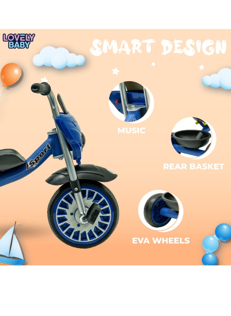 Lovely Baby Elgo Smart Tricycle for Kids LB 2288 – Lights, Music, Rear Basket, EVA Wheels, Safety Seatbelt & Steel Frame – Durable & Fun Ride-On for Toddlers, Ages 2-4 Years