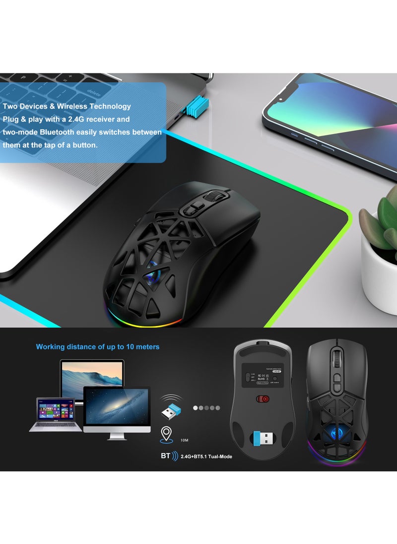 Wireless Gaming Mouse,Tri-Mode Bluetooth/2.4G/Wired Mouse, 6 Buttons with Adjustable 4800 DPI, BT5.1 Rechargeable RGB Backlight Gaming Mice for PC/Mac/Laptop