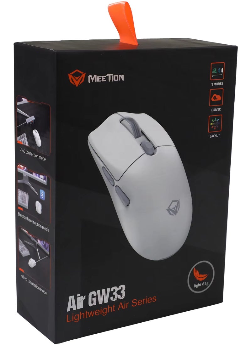 Meetion GW33 Lightweight 1K Wireless/Bluetooth/Wired Gaming Mouse 6 Programmable Button Rechargeable 10000DPI Optical Sensor Mouse (White)