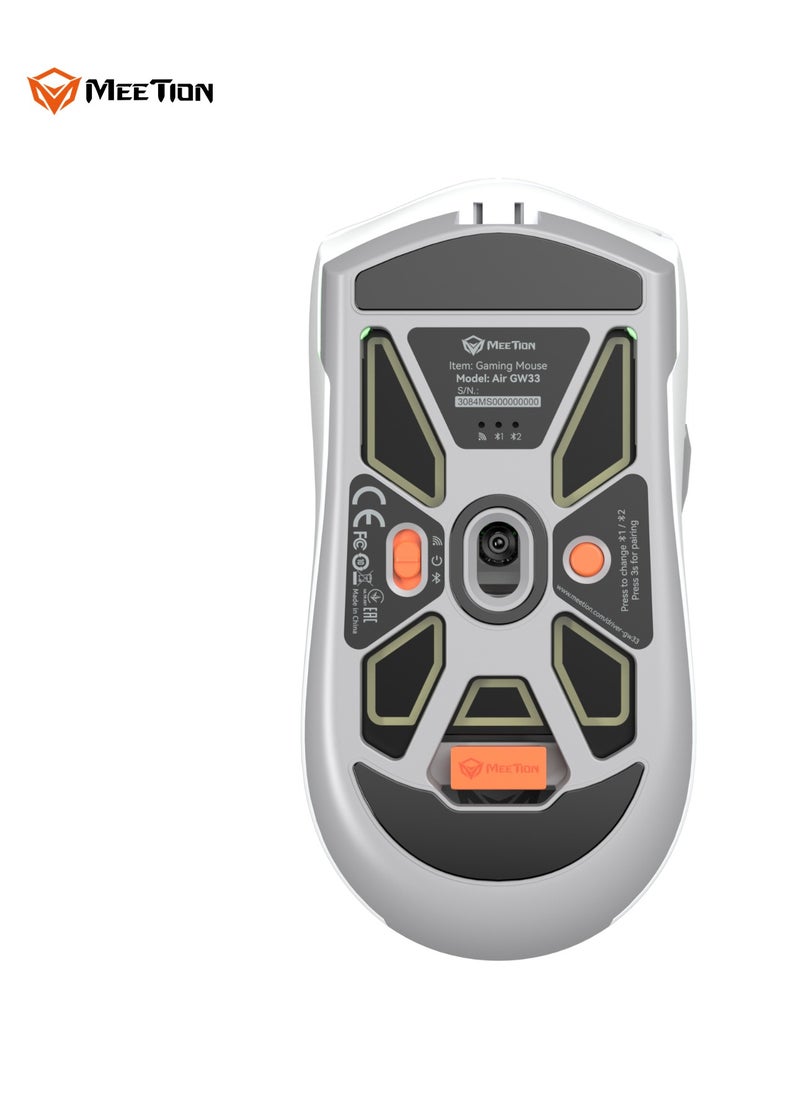 Meetion GW33 Lightweight 1K Wireless/Bluetooth/Wired Gaming Mouse 6 Programmable Button Rechargeable 10000DPI Optical Sensor Mouse (White)