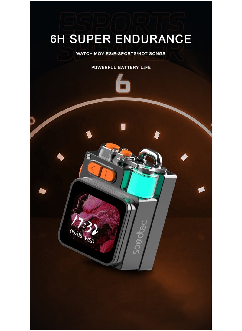Soundtec Pocket Elite Speaker & Dialer with 2.64inch Touch LED Display & RGB Ambient Lights / 6H Working Time / 15m Transmission Range / Micro SD Card Slot / HiFi Sound / Mobile App / Cool Mech Appearance - Black