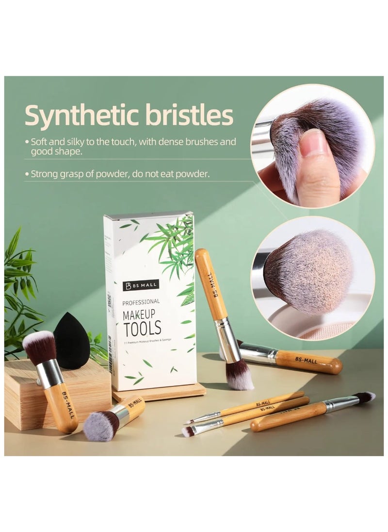 11 Pcs Makeup Brush Set, Natural Bamboo Handle Cosmetic Brushes Vegan Cruelty-Free Makeup Brushes, Sponge set
