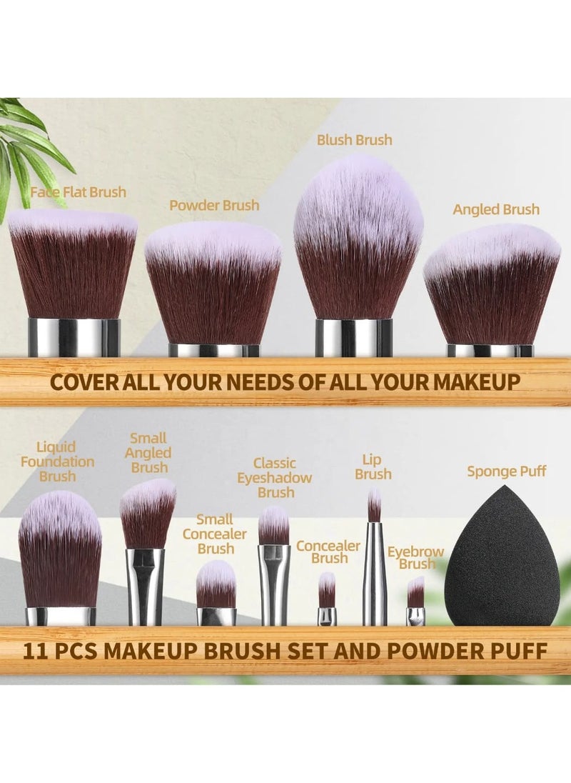 11 Pcs Makeup Brush Set, Natural Bamboo Handle Cosmetic Brushes Vegan Cruelty-Free Makeup Brushes, Sponge set