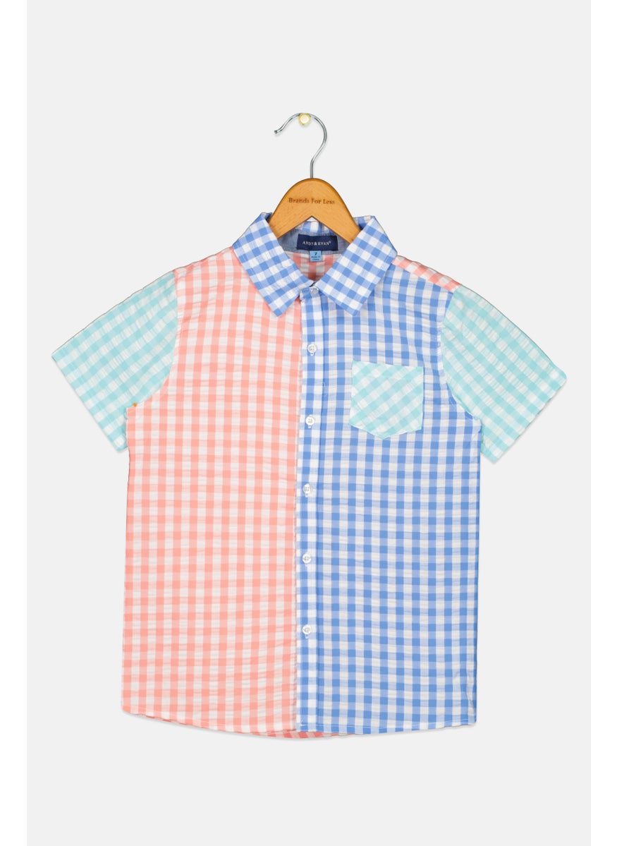 Kids Boy Spread Collar Short Sleeve Gingham Casual Shirt, Blue