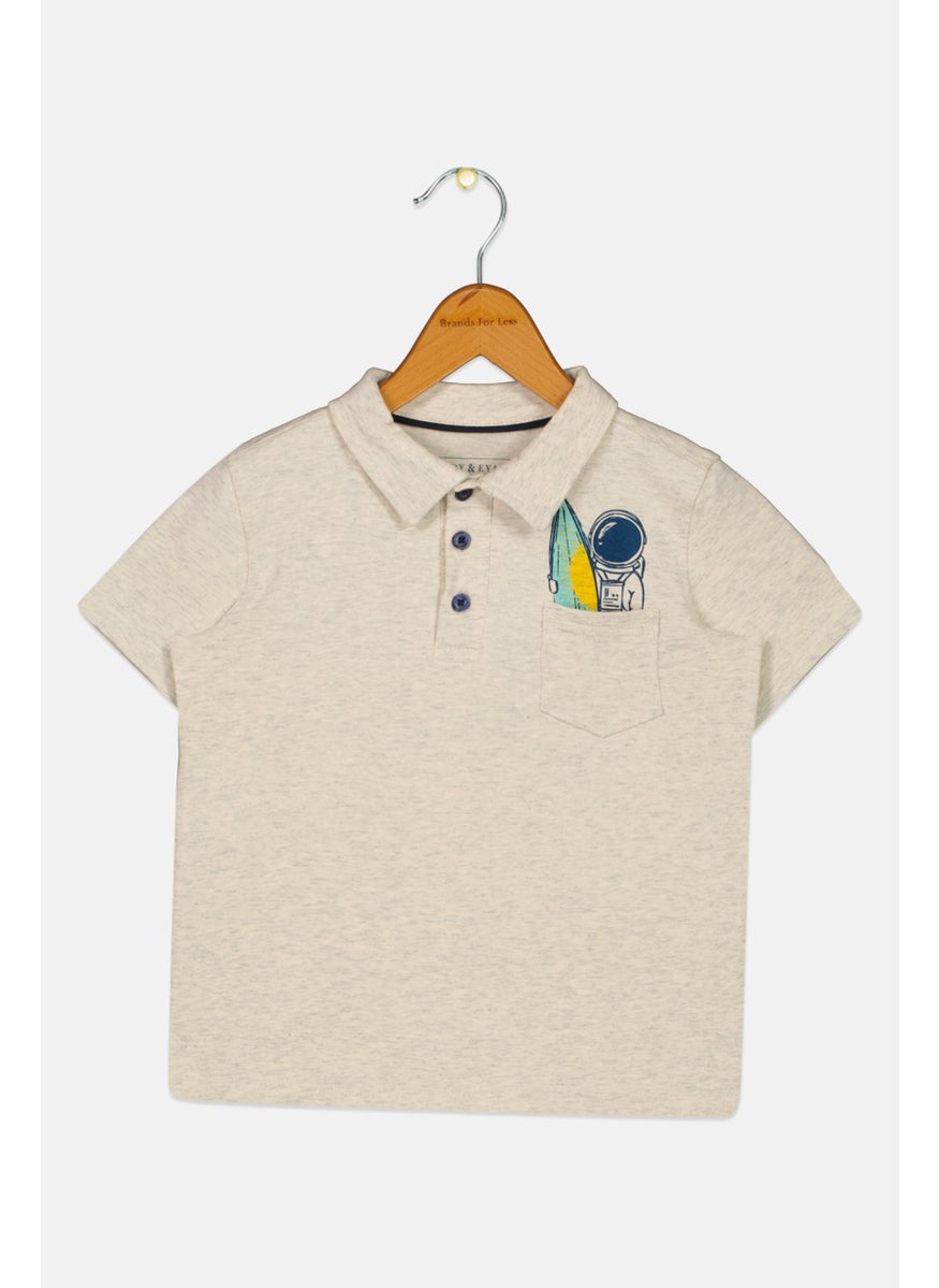 Toddlers Boy Spread Collar Short Sleeve Printed Polo Shirt, Heather Grey