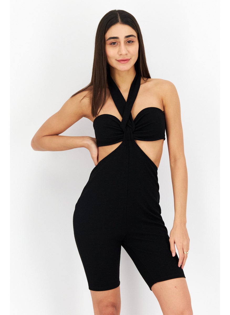 Women Plain Sleeveless Playsuit , Black