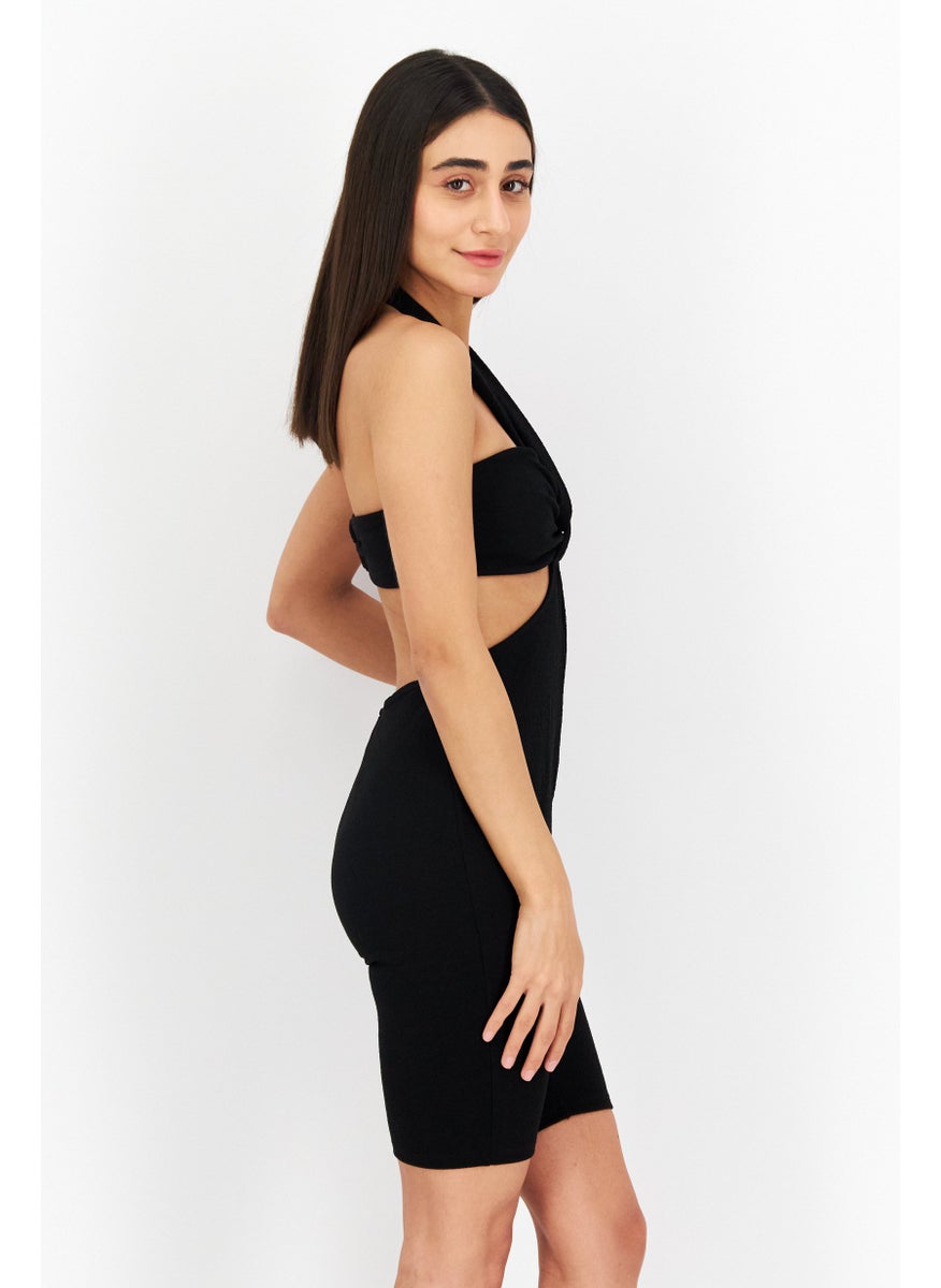 Women Plain Sleeveless Playsuit , Black