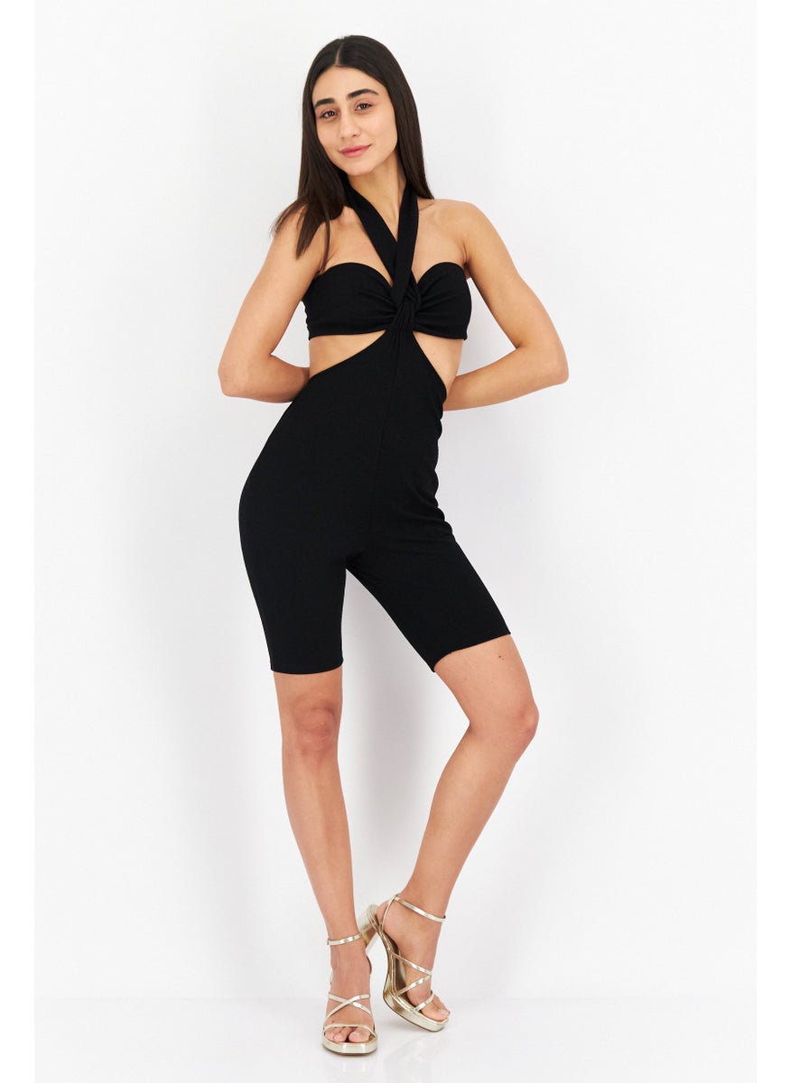 Women Plain Sleeveless Playsuit , Black