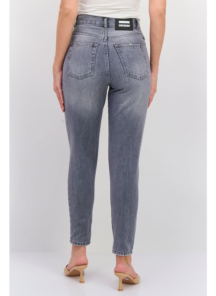 Women Regular Fit High Waist Rip Denim, Grey